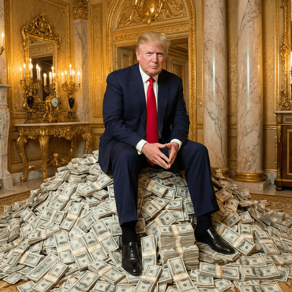 Donald Trump sitting on a large pile of cash in an opulent room.