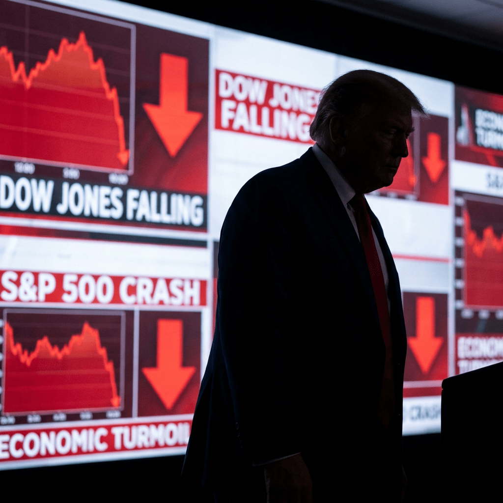 Donald Trump silhouetted against screens reading 'DOW JONES FALLING', 'S&P 500 CRASH', and 'ECONOMIC TURMOIL'.