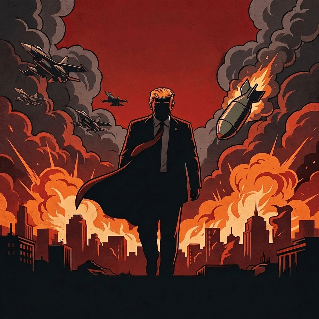 Political impact graphic with Donald Trump silhouette, fiery city backdrop, and text: POLITICAL IMPACT TURBULENCE AHEAD.