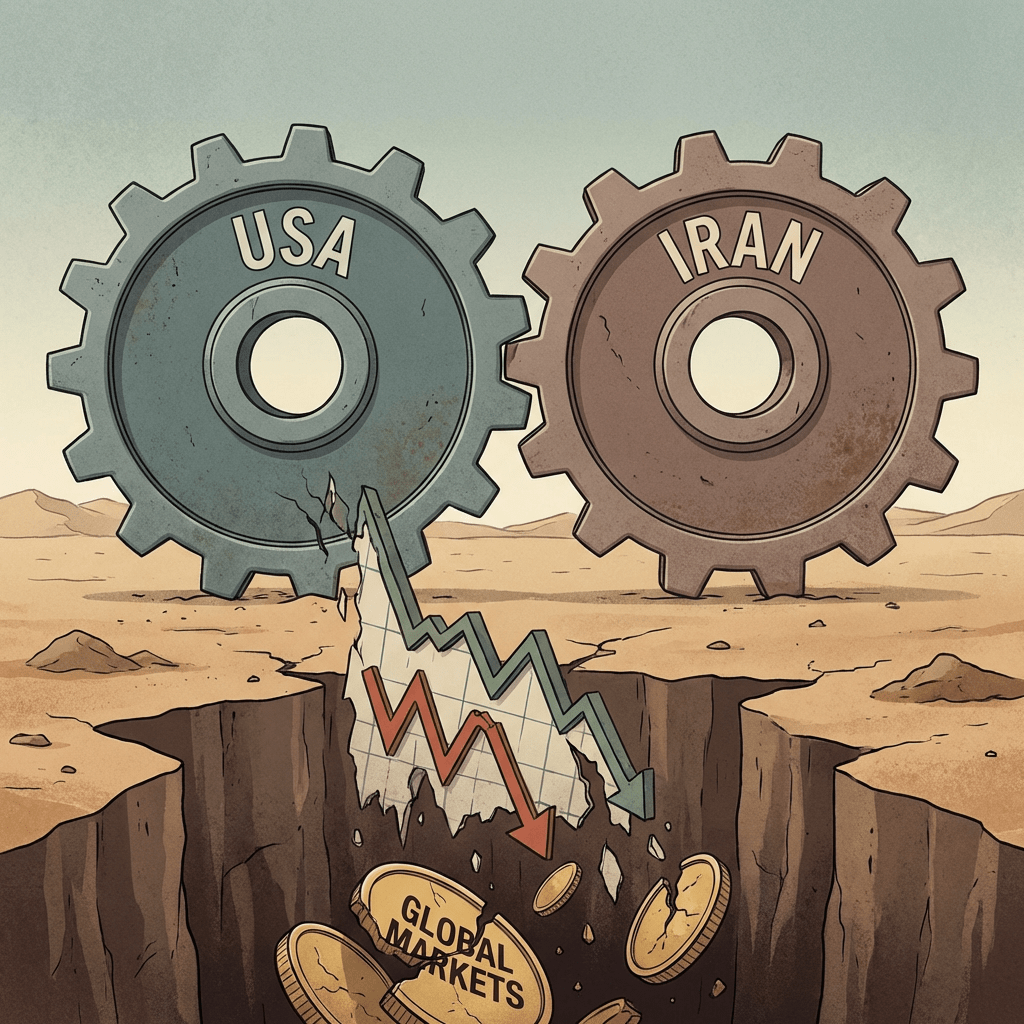 Gears labeled USA and IRAN over a chasm swallowing falling charts and GLOBAL MARKETS coins.
