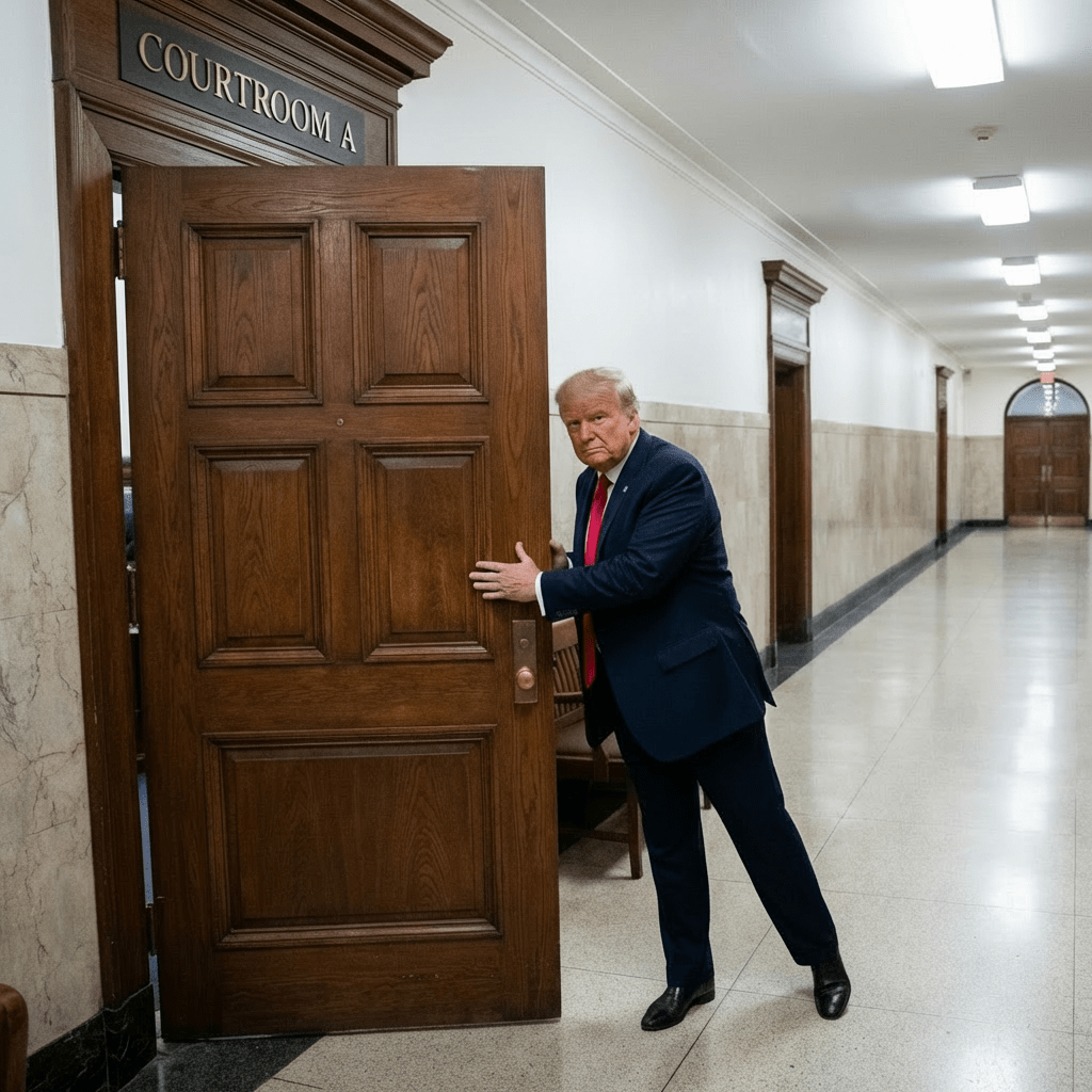 Donald Trump peeking through the wooden doors of Courtroom A in a brightly lit hallway.