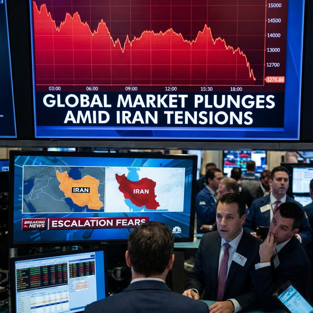 Traders monitor screens reading 'GLOBAL MARKET PLUNGES AMID IRAN TENSIONS' and 'ESCALATION FEARS'.