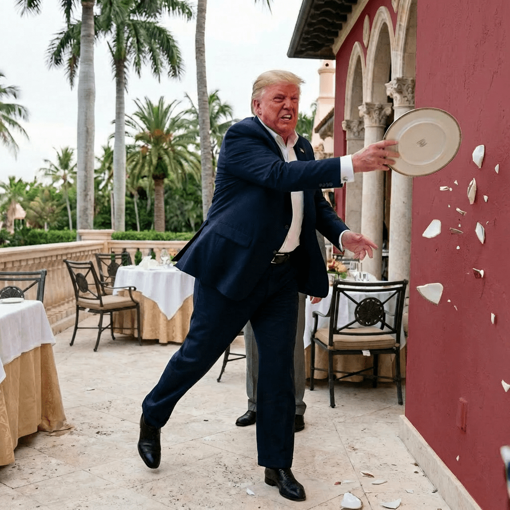 Figure resembling Donald Trump throwing a plate against a wall as shocked onlookers watch.