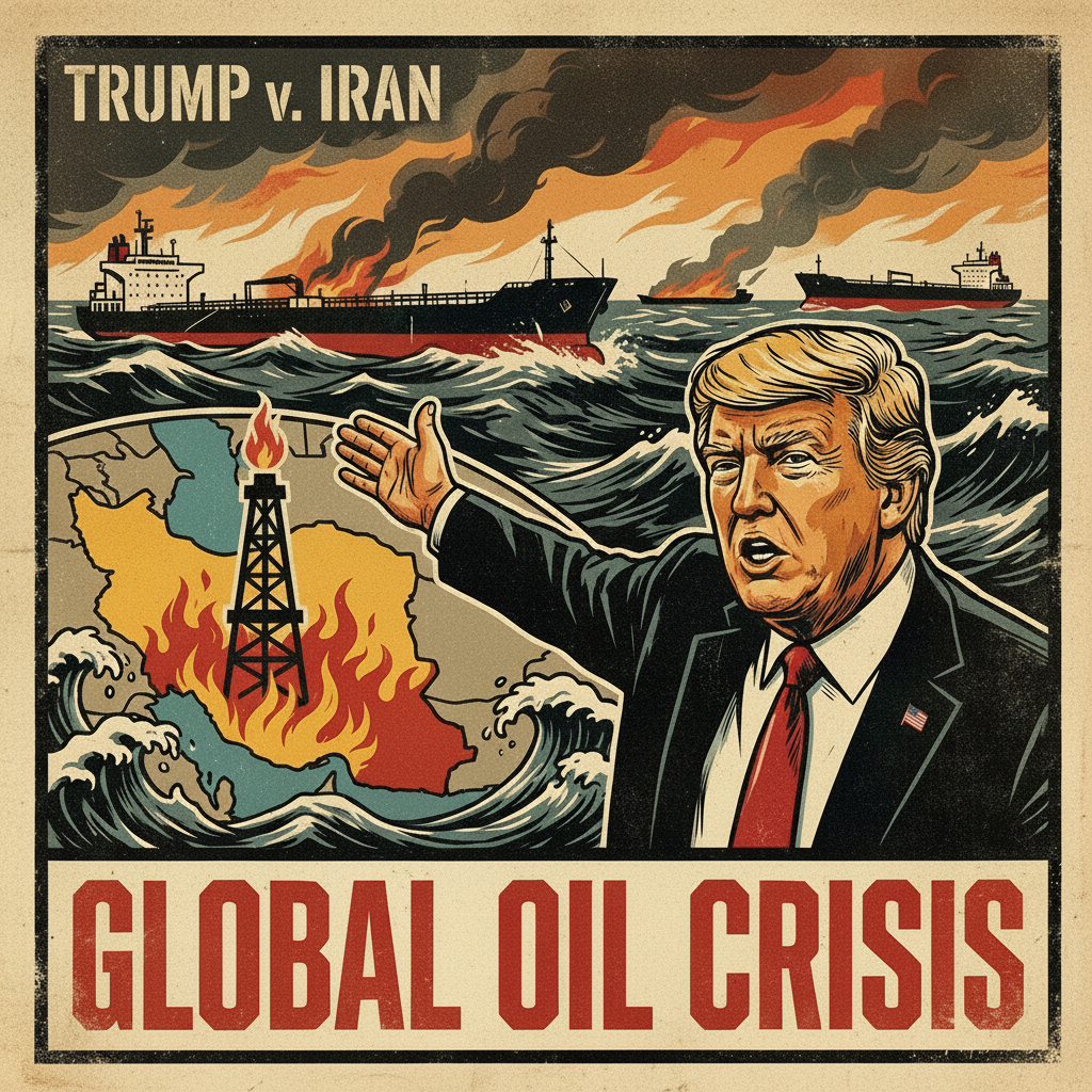 Poster TRUMP v. IRAN GLOBAL OIL CRISIS showing Trump gesturing towards a burning map of Iran.