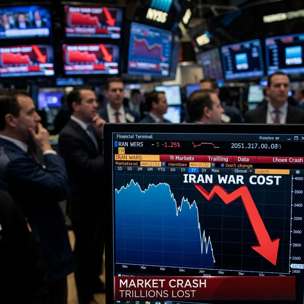 Financial monitor showing 'IRAN WAR COST' and 'MARKET CRASH' with a plummeting line graph.