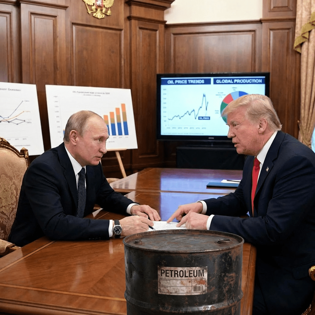 Donald Trump and Vladimir Putin reviewing documents and economic charts during a formal meeting.
