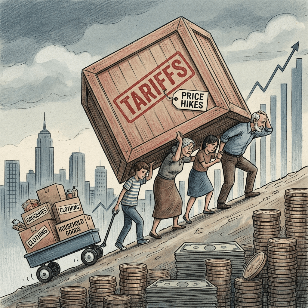 Family carrying a heavy crate labeled TARIFFS and PRICE HIKES uphill past stacks of money.