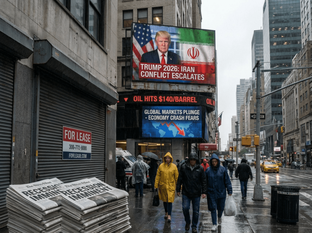 Billboards display headlines about Trump 2026 Iran conflict, oil prices, and market crashes.