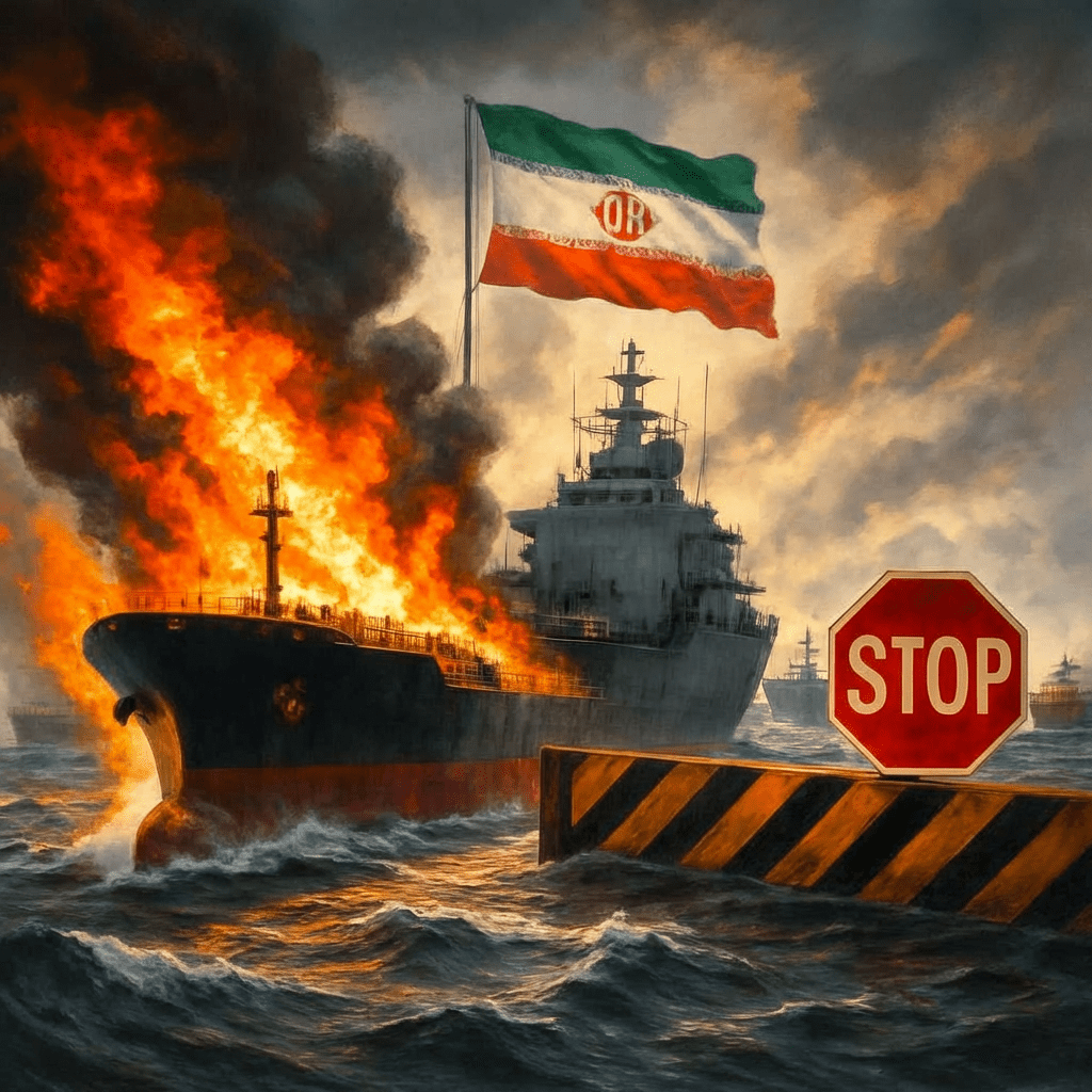 A burning cargo ship flying an Iranian flag next to a red 'STOP' sign.