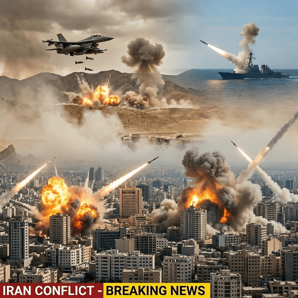 Press photographer filming soldiers during an explosion, labeled IRAN CONFLICT - BREAKING NEWS.