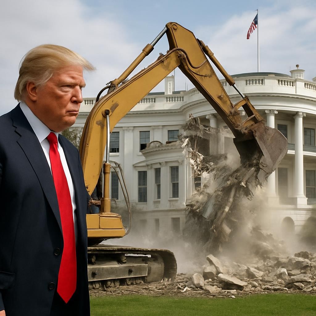 Donald Trump stands in the foreground as an excavator demolishes the White House in the background.