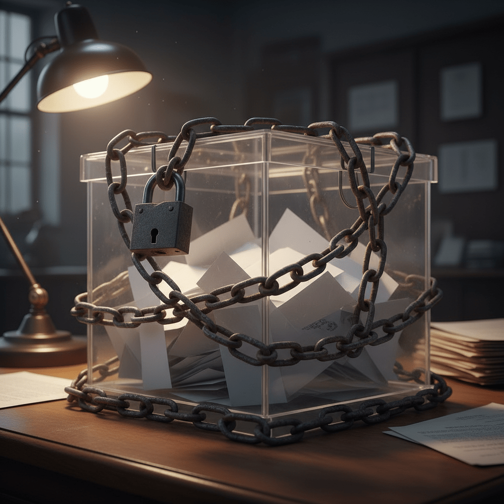 Clear ballot box filled with papers, wrapped in heavy metal chains and secured with a padlock.