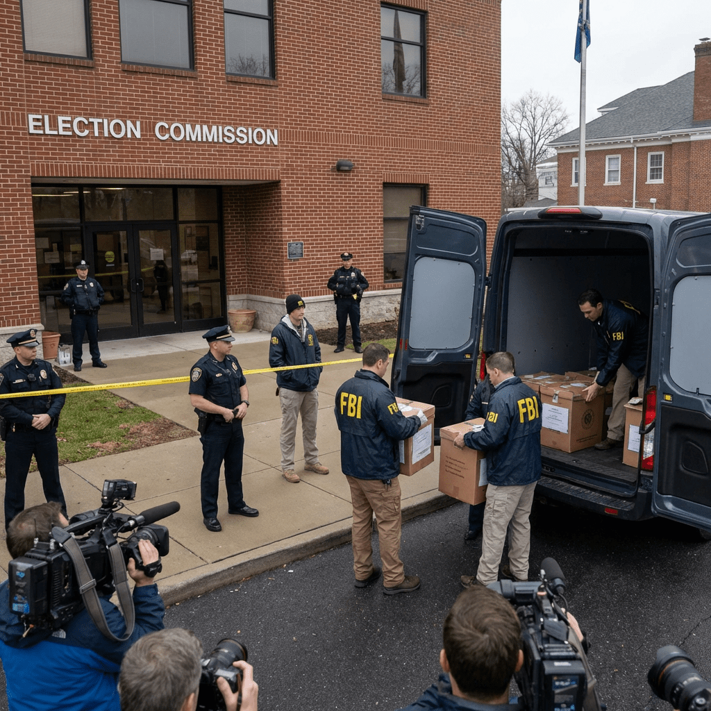 FBI agents load boxes from an Election Commission building into a van under police watch.