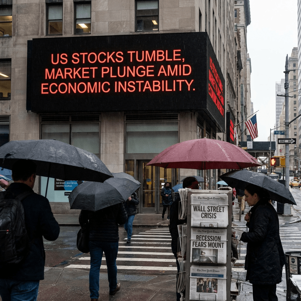 Digital sign: US STOCKS TUMBLE, MARKET PLUNGE AMID ECONOMIC INSTABILITY. Newspapers: WALL STREET CRISIS, RECESSION FEARS MOUNT.