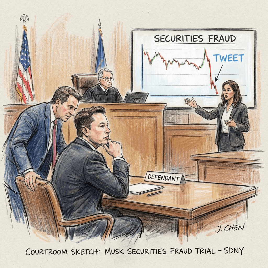 Courtroom sketch of Musk Securities Fraud Trial SDNY showing defendant Elon Musk and chart with text Securities Fraud and Tweet.