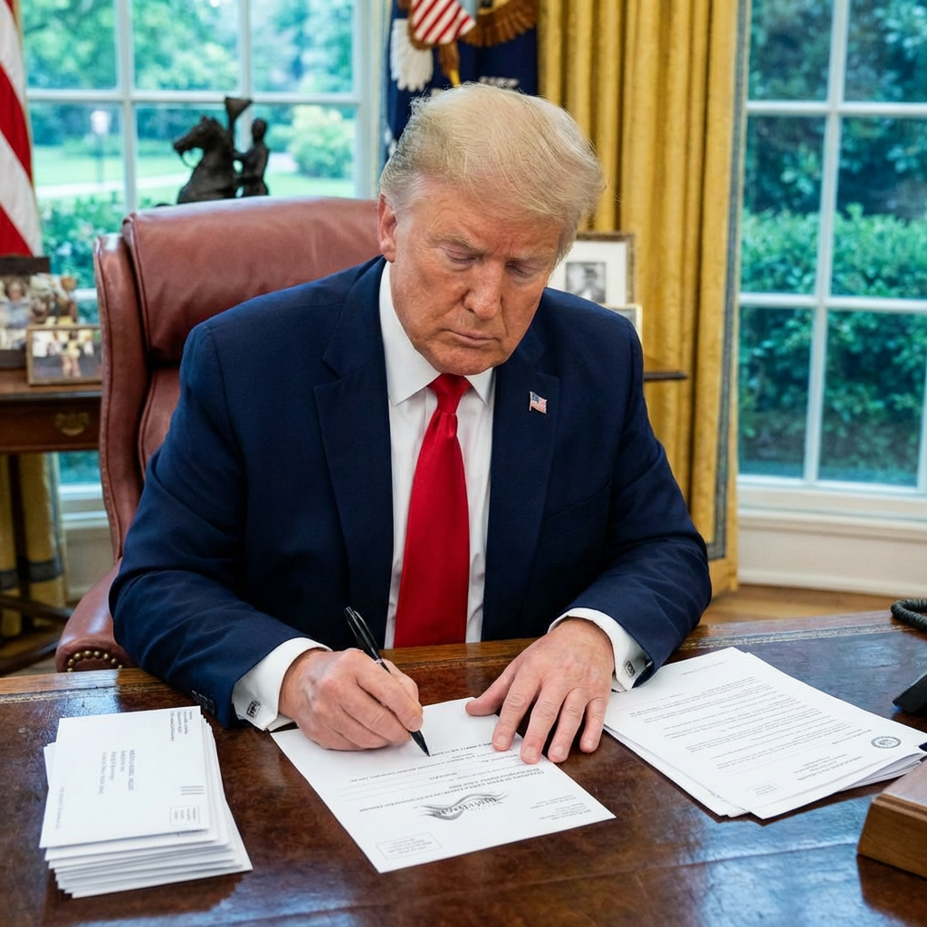 Donald Trump signing official documents while seated at the Resolute Desk in the Oval Office.