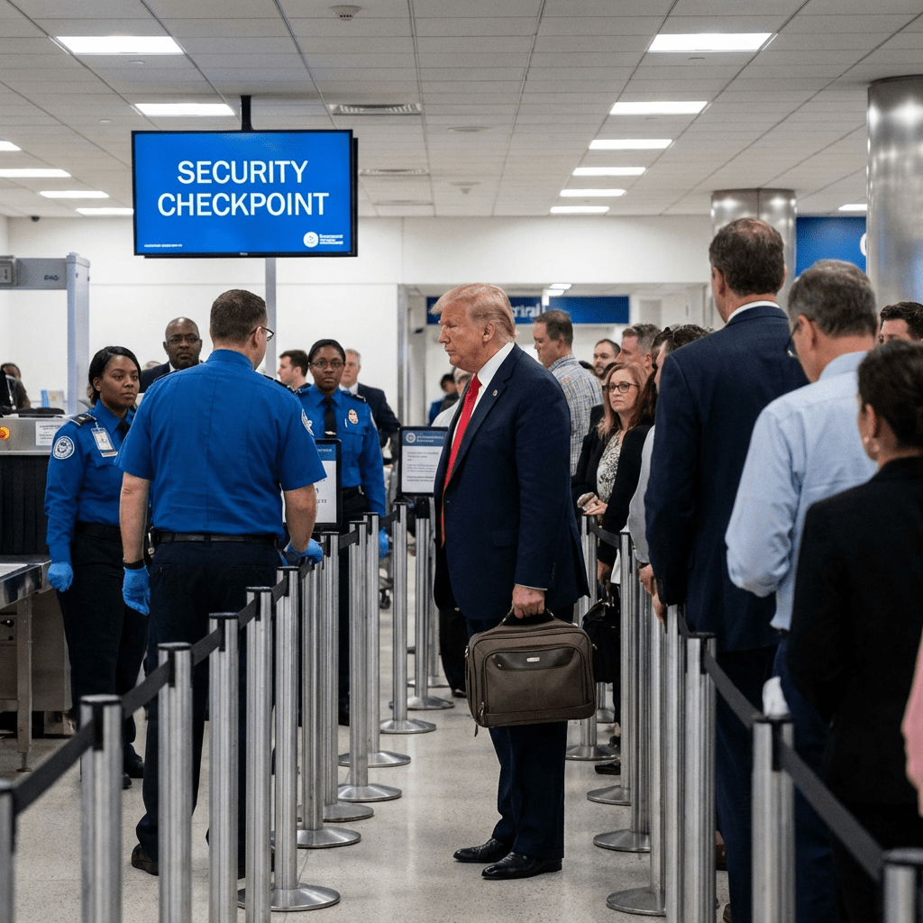 Donald Trump standing in an airport security line under a sign reading SECURITY CHECKPOINT.