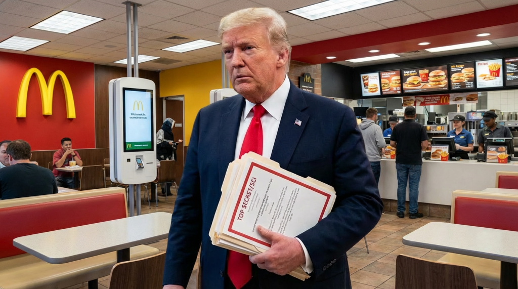 Donald Trump in the Oval Office holding folders with a Top Secret SCI cover sheet.