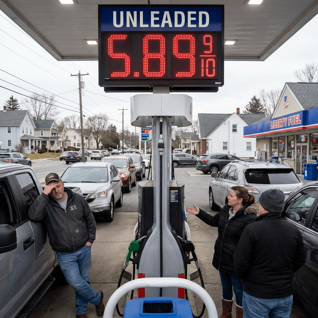 Digital gas price sign showing Unleaded 5.89 9/10 with concerned customers nearby.