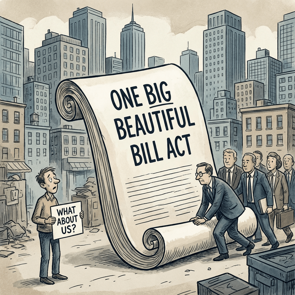 Giant 'ONE BIG BEAUTIFUL BILL ACT' scroll rolls toward a man holding 'WHAT ABOUT US?' sign.