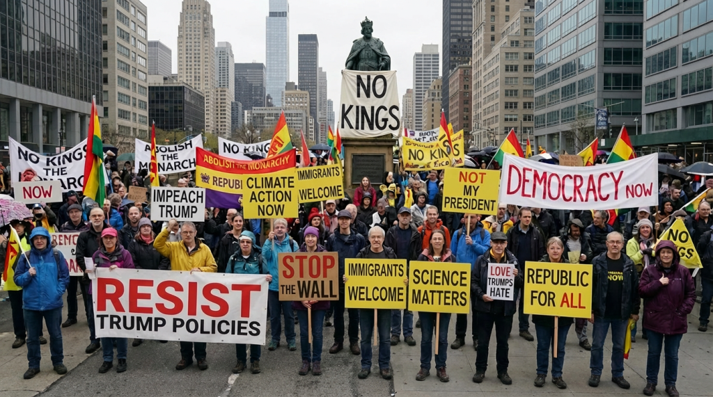 Protesters holding "NO KINGS" and "ABOLISH THE MONARCHY" signs in front of a cathedral.