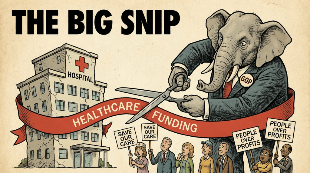 Cartoon THE BIG SNIP: GOP elephant cuts HEALTHCARE FUNDING ribbon; signs read SAVE OUR CARE and PEOPLE OVER PROFITS.