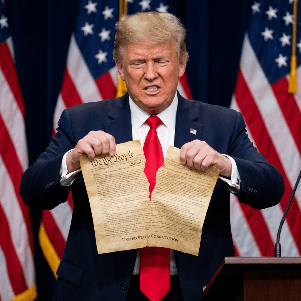 Donald Trump tearing a document titled "UNITED STATES CONSTITUTION" in half in front of American flags.