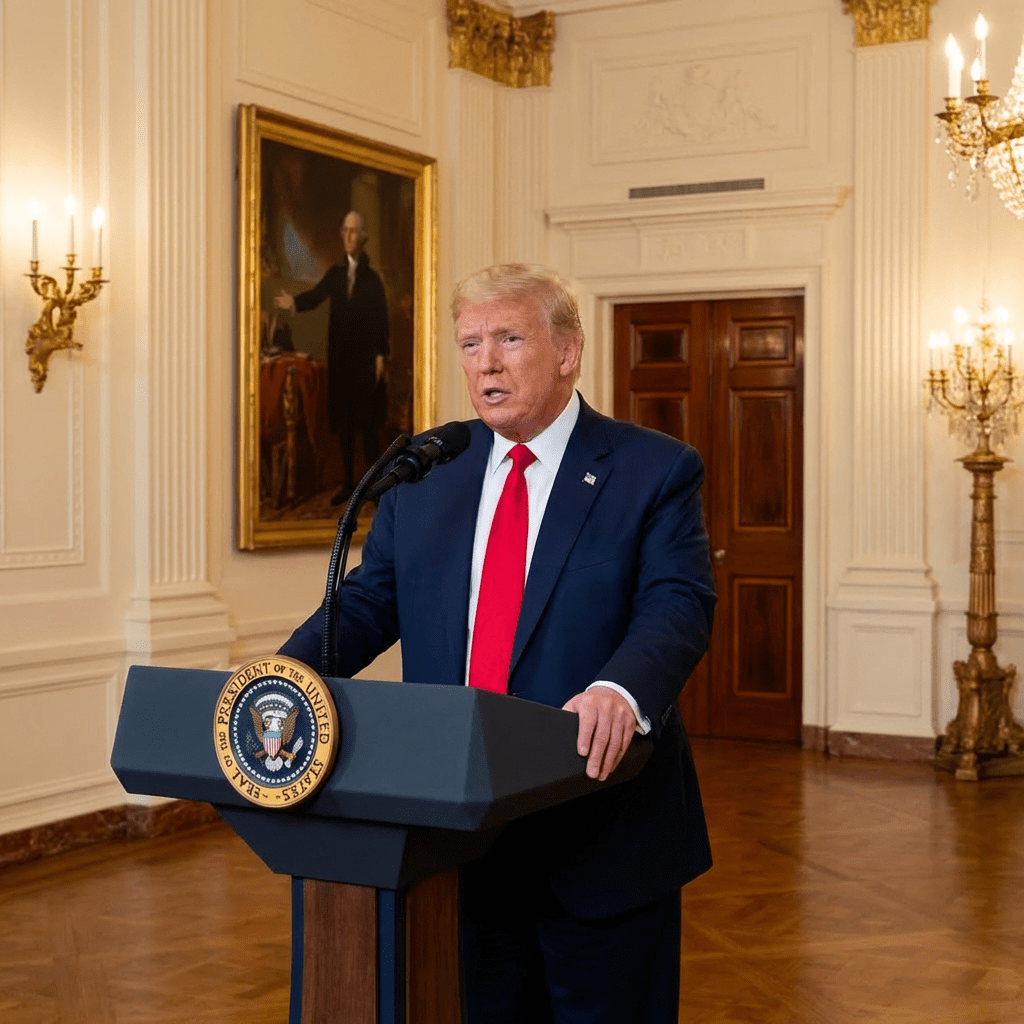 Donald Trump speaking at a podium with the Seal of the President of the United States.