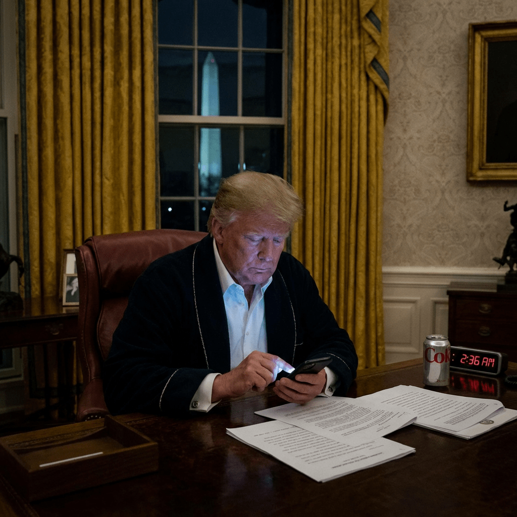 Donald Trump using a smartphone at a desk in the Oval Office late at night.