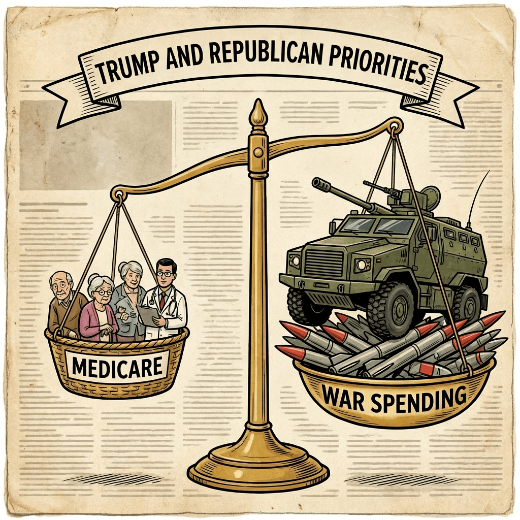 Political cartoon with a scale tipped heavily toward "War Spending" compared to "Medicare".