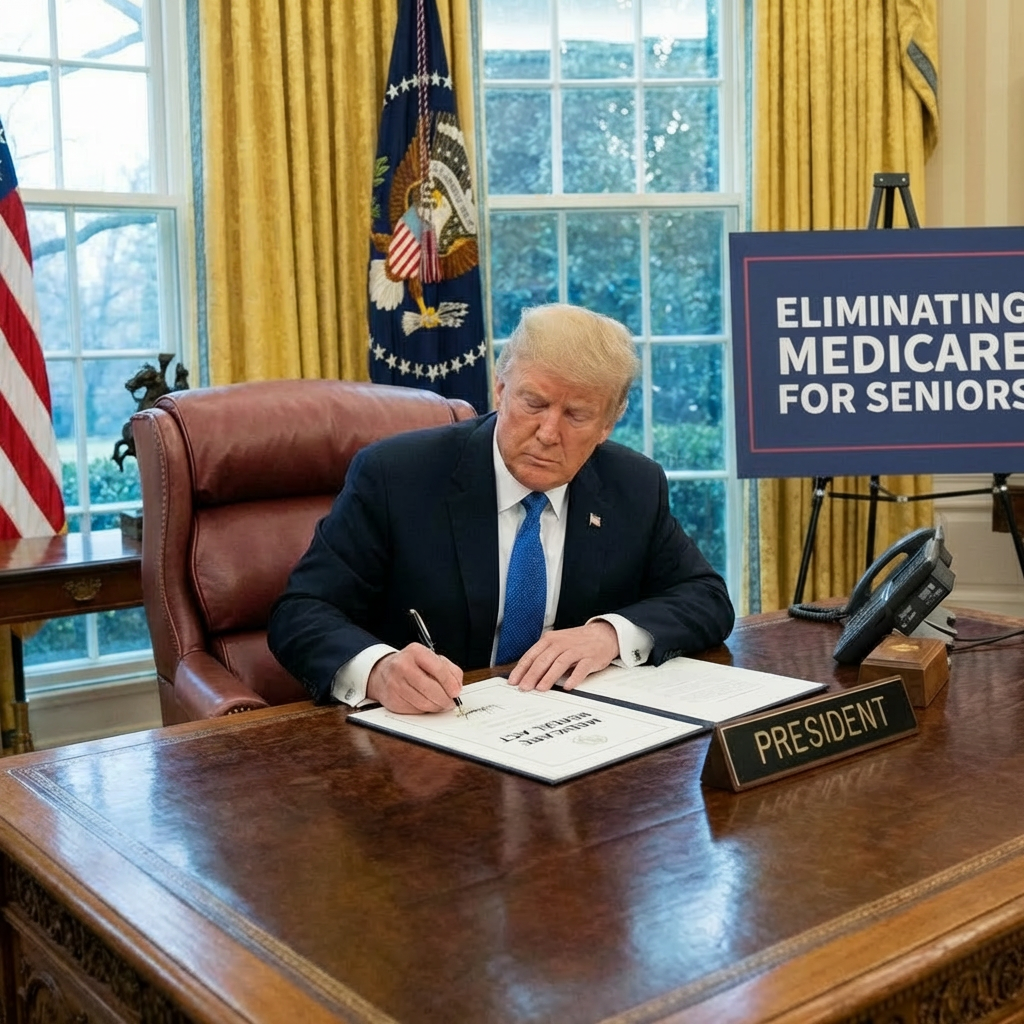 Trump signing 'Medicare Repeal Act' with 'Eliminating Medicare for Seniors' sign and 'PRESIDENT' nameplate.