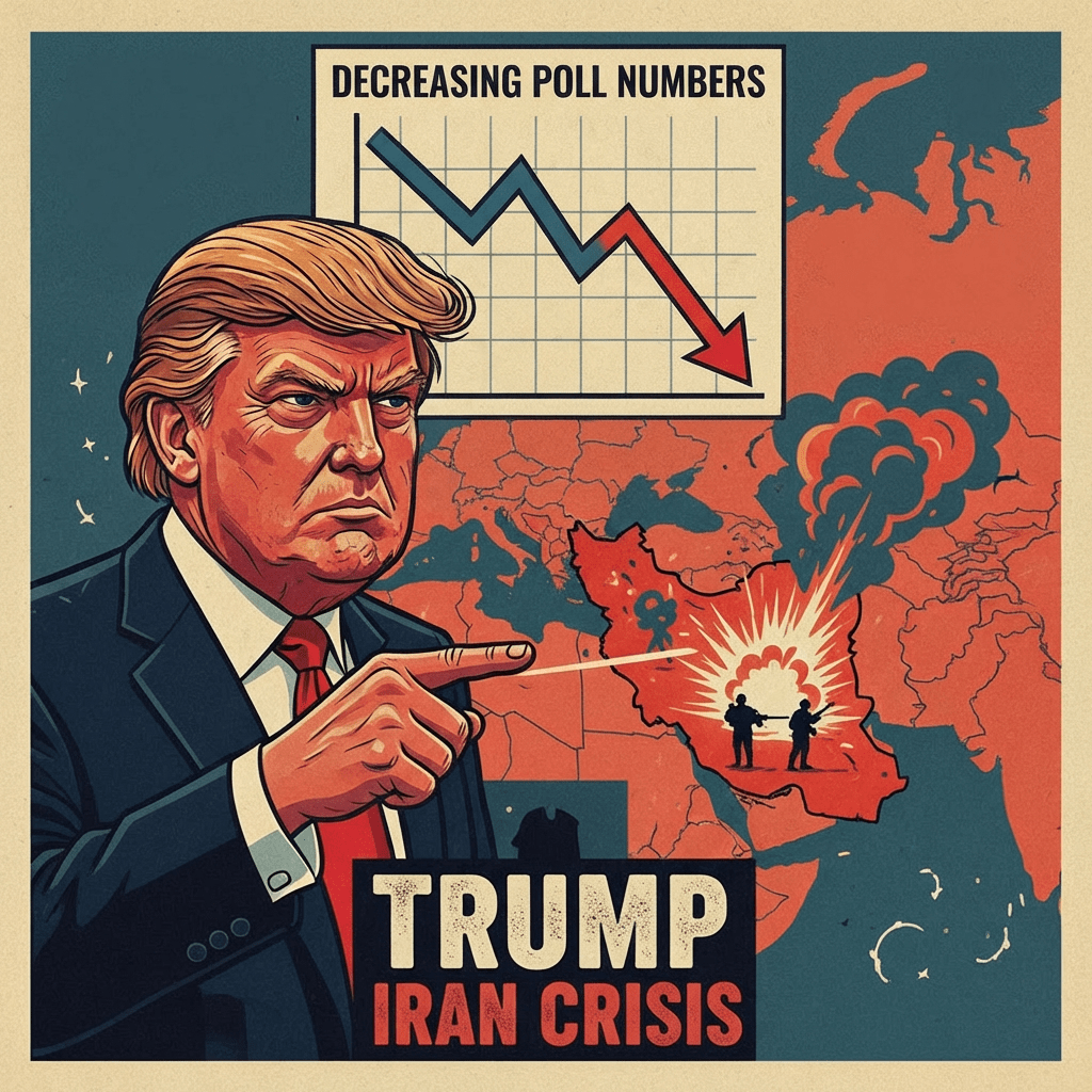 Illustration of Donald Trump pointing to an explosion in Iran with text TRUMP IRAN CRISIS.