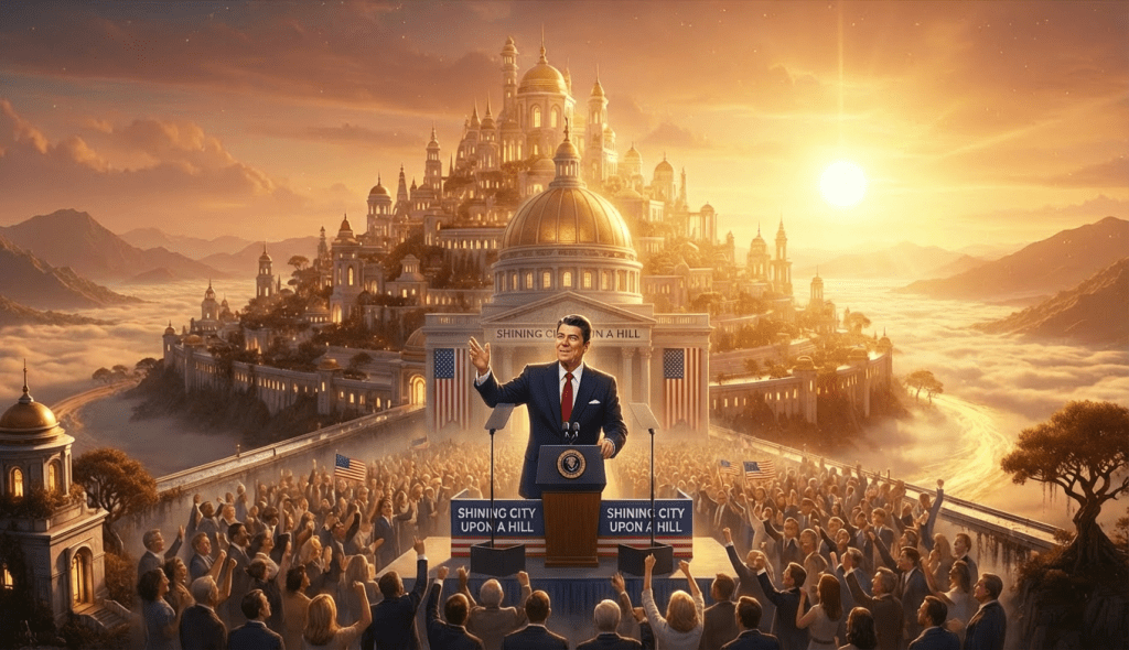 A magnificent golden palace city built on a mountain peak surrounded by clouds.