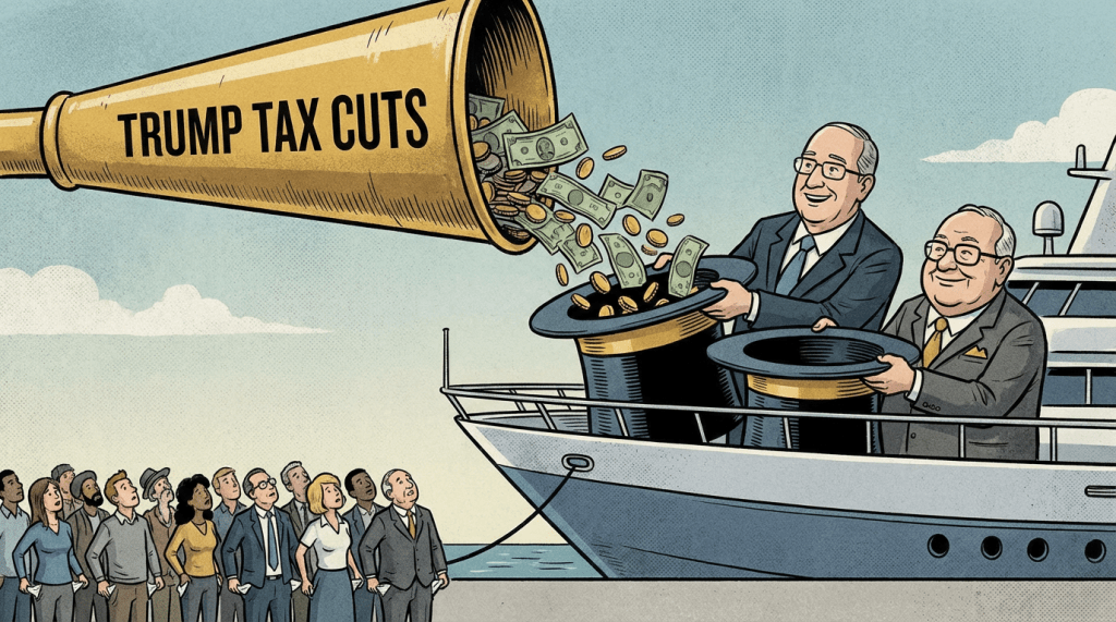 Two wealthy men on a yacht collecting money labeled Trump tax cuts as ordinary people watch.