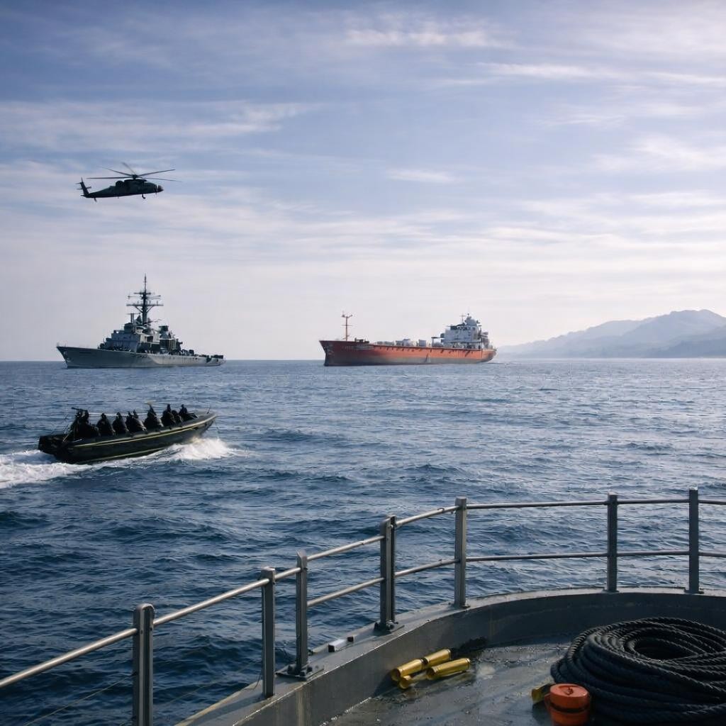 Naval combat scene with burning ships, missiles, helicopters, and a soldier operating a gun on a boat