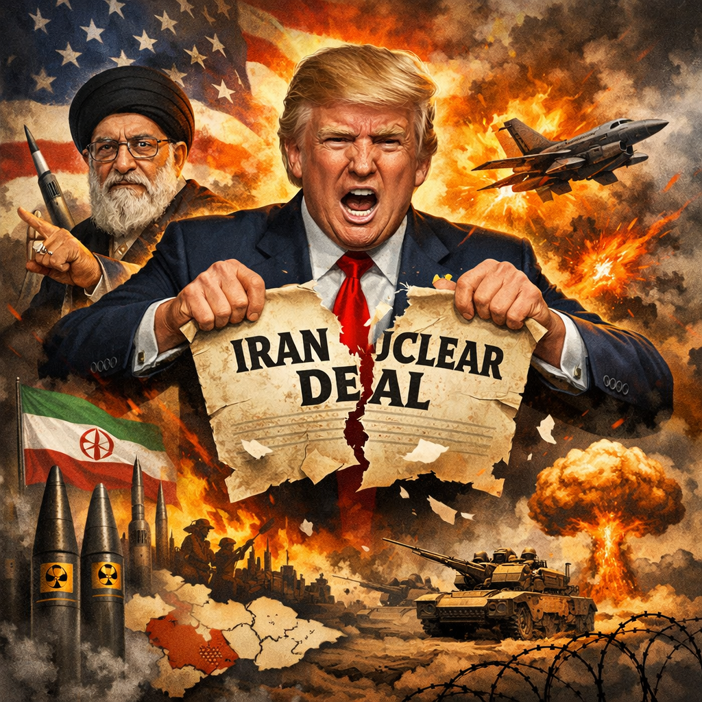 Man tearing a paper labeled Iran nuclear deal with conflict and political imagery in the background