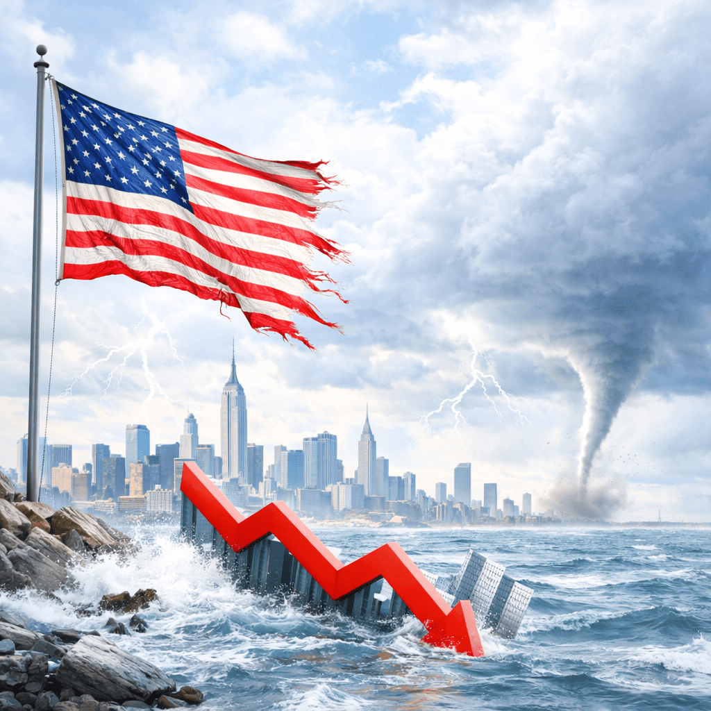 Tattered American flag over city skyline with stormy skies, tornado, and plunging red arrow in floodwaters