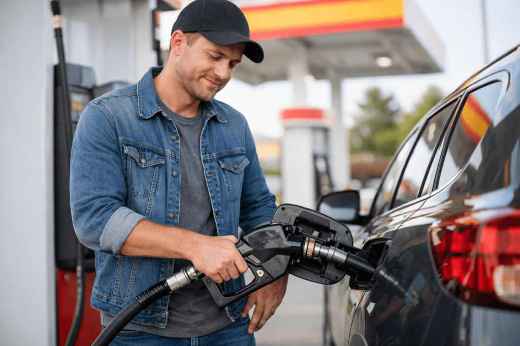 Man in denim jacket refueling black car with gas pump at gas station