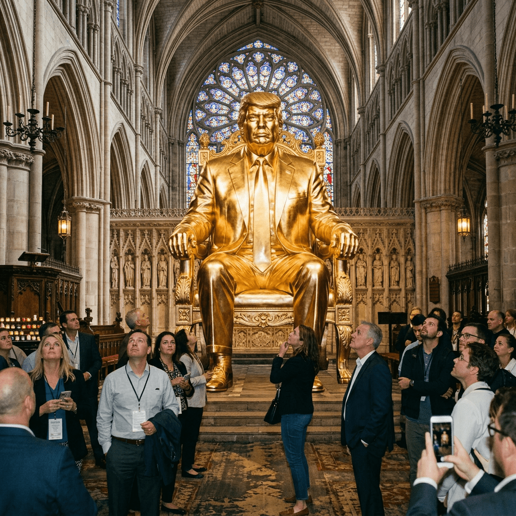 Large golden statue of a man sitting on an ornate throne surrounded by people looking up