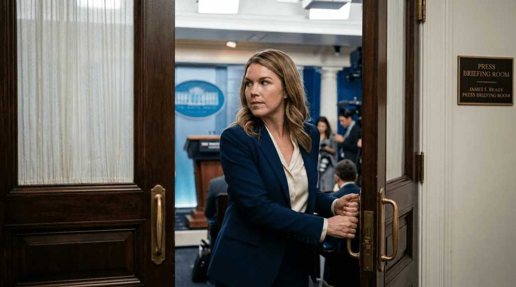 Woman opening door marked 'Press Briefing Room' at the White House with briefing podium visible inside