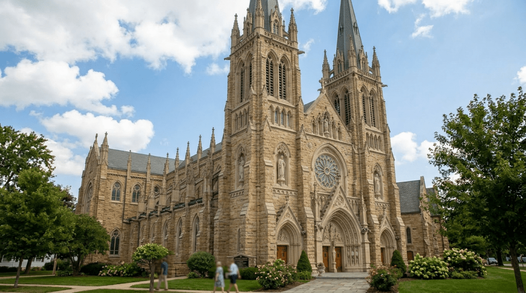 Historic stone church with tall steeple, stained glass, and wooden doors