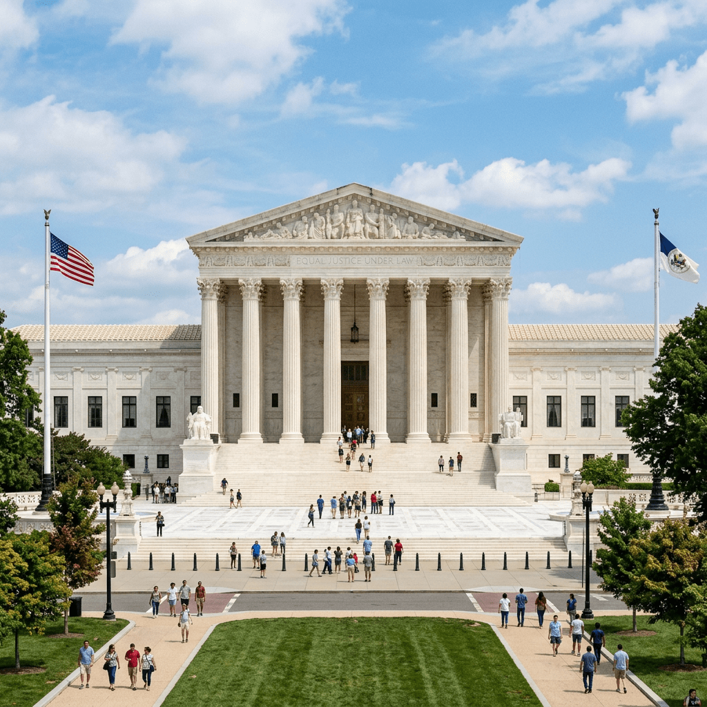 Front facade of the U.S. Supreme Court with visitors on its steps and flags flying