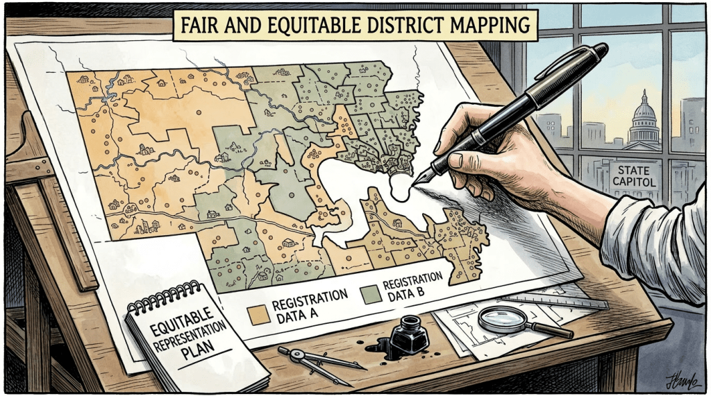Hand drawing partisan boundary lines dividing red and blue party districts on a map.