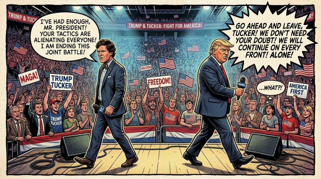 Donald Trump and Tucker Carlson speaking at a political rally with American flags and supporters holding signs