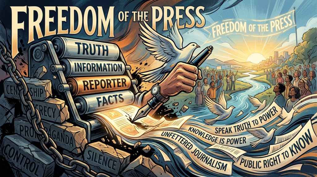 Illustration showing a printing press breaking chains of censorship with words like truth, reporter, facts and crowds with banners.