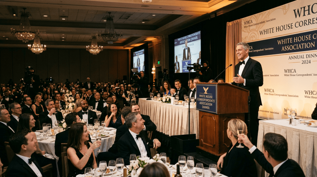 Man in tuxedo delivering speech at White House Correspondents' Dinner podium
