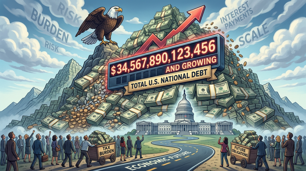 U.S. national debt counter with $34,567,890,123,456 above Capitol building and people carrying tax burden and future obligations
