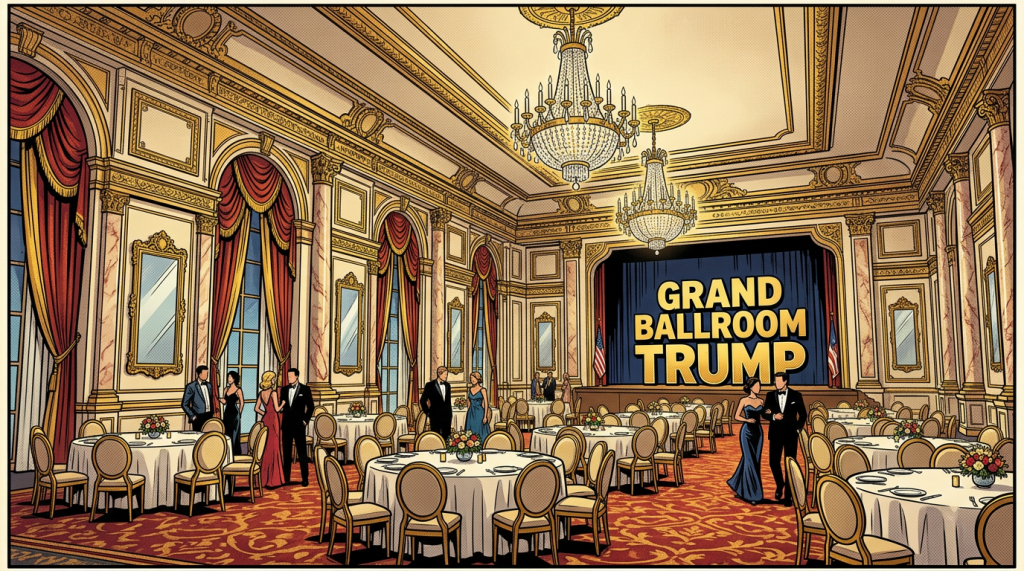 Luxurious ballroom with round tables, chandeliers, and people in formal attire