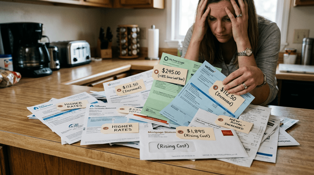 Woman reviewing various bills showing increased and rising costs for utilities and mortgage