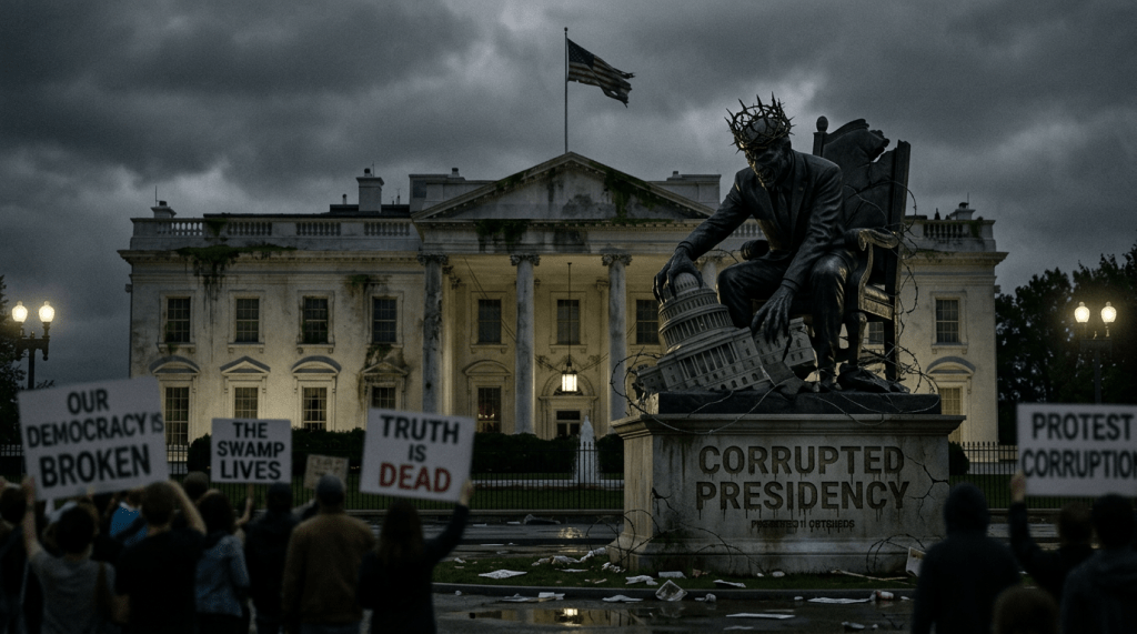 Statue of a man wearing a crown of thorns holding a toppled Capitol building with cracked pedestal labeled 'Corrupted Presidency' outside the White House, surrounded by protesters with signs